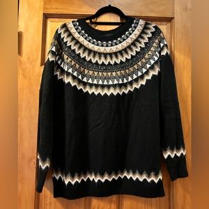 Talbots Cozy Black Tan Cream Fair Isle Long Sleeve Sweater, size L